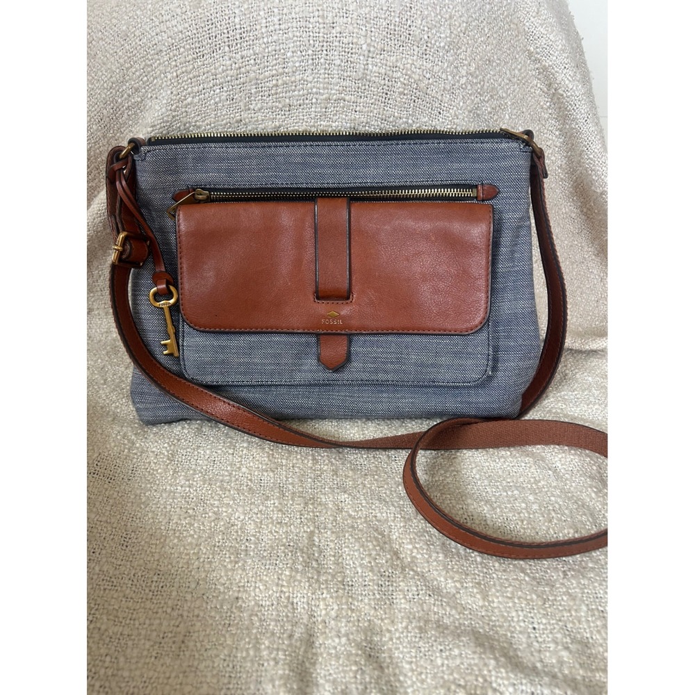 Fossil Kinley Mixed Media Blue Chambray And Brown Leather Crossbody Bag